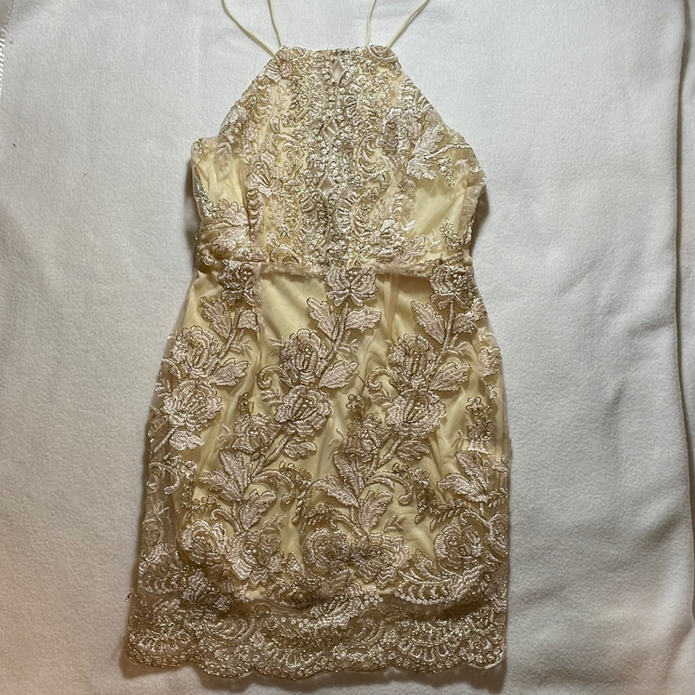 This dress is mid length and includes many different sequins and designs